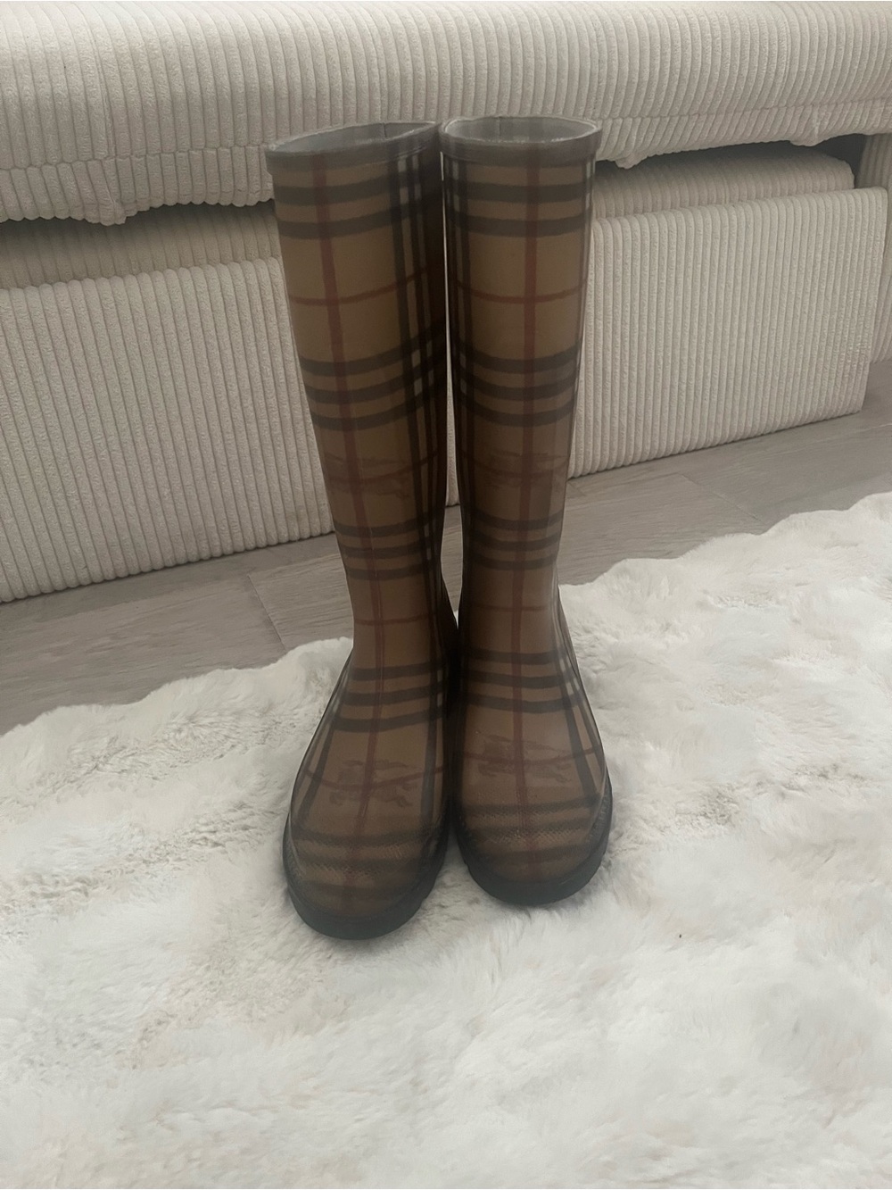 Burberry Beige Plaid Tall Rain Boots